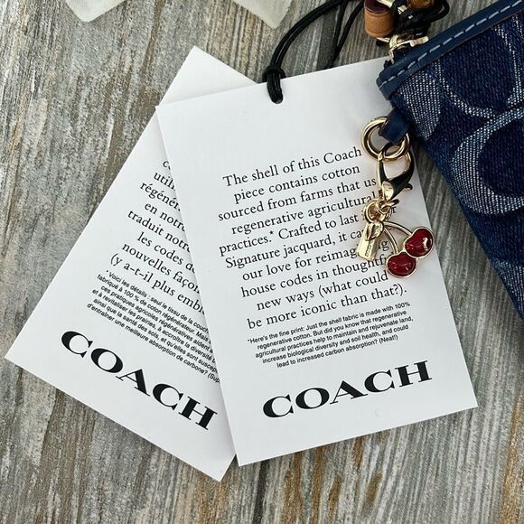 Coach Corner Zip Wristlet In Signature Denim Wallet Bag Purse With Cherry Charm - Picture 4 of 10